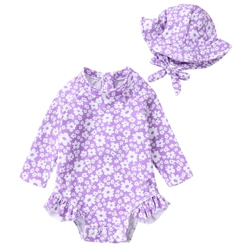 Infant Baby Girl Swimsuit One-Piece Long Sleeve Rash Guard with Hat Set Floral Zipper Bathing Suit Leopard Beach Wear
