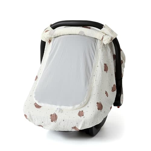 Muslin Cotton Baby Car Seat Cover for Boys and Girls, Summer Baby Car Seat Covers Infant Car Seat Canopy with Breathable Mesh Window Windproof Carseat Cover for Babies (White)