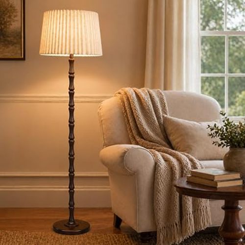Real Wood Floor Lamp with Dual Lampshades, Sculptural Spindle Standing Lamp with Foot Switch, Modern Farmhouse Dimmable Floor Lamp for Living Room, Bedroom, Reading Corner & Cozy Home Decor