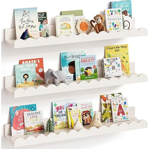 G&W Gruwald Nursery Book Shelves, Set of 3, Nursery Decor for Baby and Toddler, Scalloped Shelves, Book Shelf for Kids Rooms, Wall Book Shelves for Bedroom Kids, Floating Book Shelves for Wall