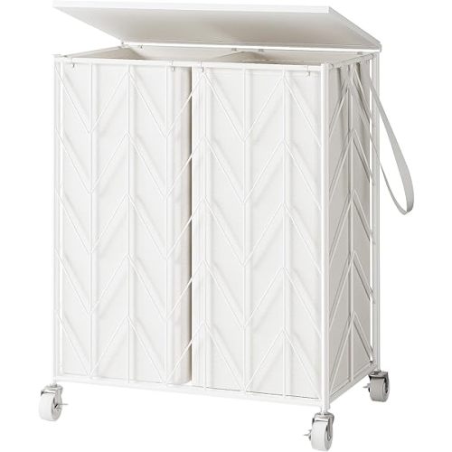 WOWLIVE Laundry Basket with Wheels, Heavy Duty Laundry Hamper with Wood Lid, Clothes Hamper with Divided Removable Liner Bag, Large Capacity Iron-Made Laundry Sorter Laundry Room Organization (White)