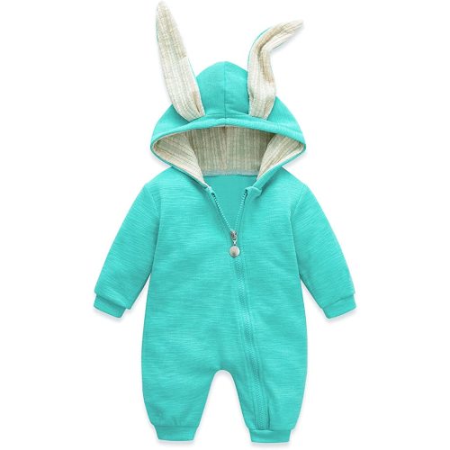 Simplee kids Animal Bunny Baby Easter Romper Long Ear Rabbit Hoodie Romper Jumpsuit with Zipper - A-k-blue Turquoise - 12-18 Months