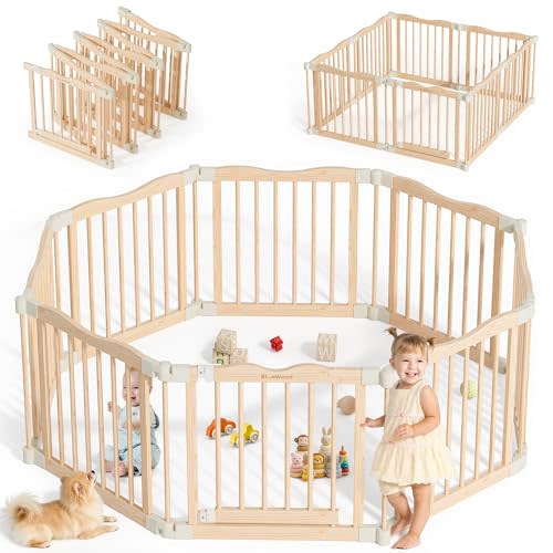 Foldable Wooden Playpen - Adjustable Wood Baby Play Yard with Child-Proof Lock, Indoor Large Safety Fence for Babies and Toddlers - Easy Assembly, 8 Panels, Nature Nest
