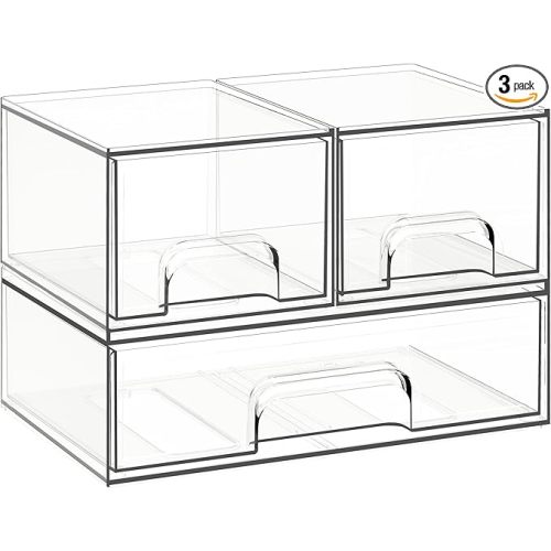 Criusia Stackable Storage Drawers, 3 Pack Clear Acrylic Makeup & Bathroom Organizer, Versatile Storage Bins for Vanity, Under Sink, Kitchen Cabinets & Pantry