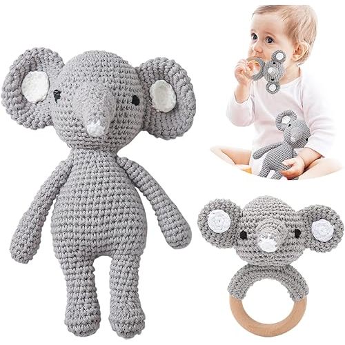 Crochet Baby Toys Stuffed Animals for Babies Elephant Crochet Baby Toy Infant Soothe Toys for Sensory and Early Grips Development Gift for Baby Shower, Birthday