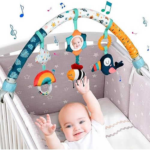 Baby Stroller Arch Toys, Mobile for Bassinet Crib, Detachable Activity Musical Animal Arch Toys with Rattles BB Squeaker Teether (Sky)