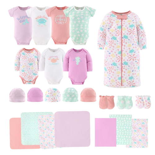 The Peanutshell Newborn Baby Girls Layette Gift Set, Ocean Flower, 0-3 Months, 23-Piece