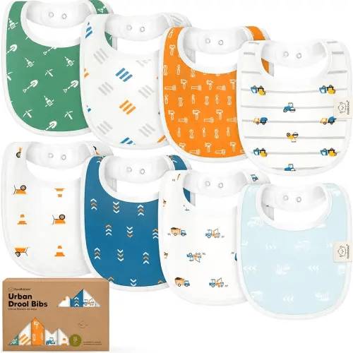 8-Pack Organic Baby Bibs for Boys, Girls - Soft Cotton Drooling and Teething Bibs for Baby Girl & Boy, Extra Absorbent, Easy To Clean & Put On for Toddler, Newborn, Infant 0-24 Months (Builders)