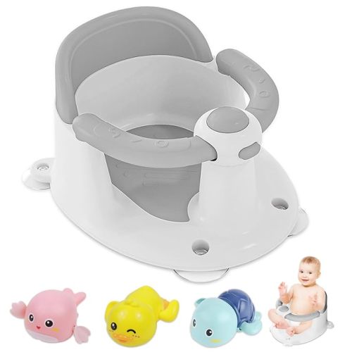 Baby Bath Seat for Babies 6 Months & Up, Bath Seats for Babies Sitting Up, 3 Baby Bath Toys, Open Design, Non-Slip, Compact Toddler Bath Seat. - Grey