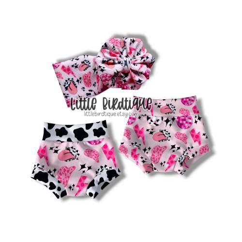 Disco Cowgirl Cow Spots Western Newborn Baby Infant Toddler Bow Headwrap Top Knot Messy Wrap Rose Knot Bummies Bell Bottoms Separates