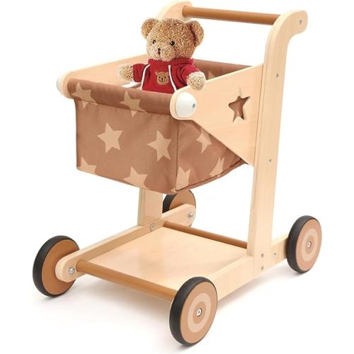 Asweets 2 in 1 Wooden Baby Walker Push and Pull Doll Stroller, Shopping Cart Learning Walker for Boys and Girls, Sit Stand Learning Toddler Toy (Brown)