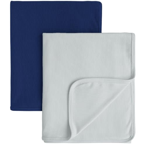 Konssy Knit Baby Blanket 2 Pack, Soft Ribbed Swaddle Receiving Blankets for Boys & Girls, Lightweight Cozy Swaddling Wrap for Newborns, Infants, & Toddlers, 33x42 Inch (Navy, Blue Gray)