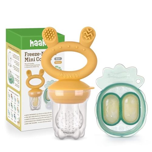 Haakaa Baby Fruit Food Feeder & Mini Freezer Nibble Tray Combo, Breastmilk Popsicle Molds for Baby Cooling Relief, BPA Free Silicone Feeder for Safe Infant Self Feeding, 4 Month+ (Mustard)