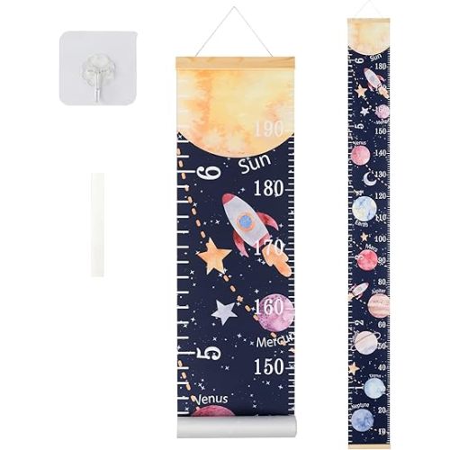 Canvas Kids Growth Chart for Wall, Galaxy Space Height Measurement Tracker for Baby Boy, Hanging Ruler with Removable Hook, Nursery Room Playroom Toddler Bedroom Decor, 79”x7.9”