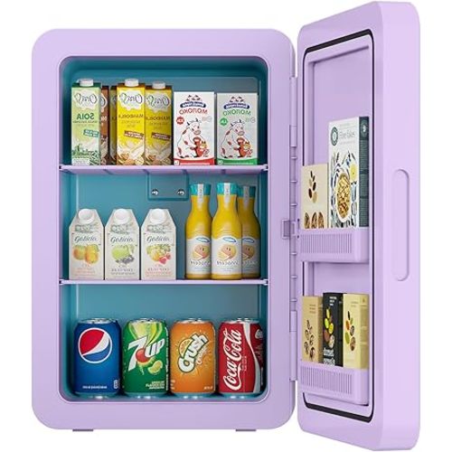 22L/30Cans Mini Fridge for Bedroom, 12v DC Portable Cooler & Warmer, Mini Refrigerator with Glass Front, for Car Office Desk & Dorm Food Beverage Skincare Makeup (Purple)