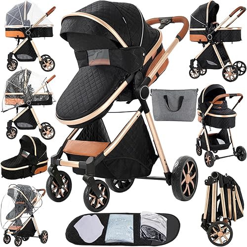 2 in 1 Baby Stroller, Convertible Foldable Standard Stroller, Reversible Pushchair Infant Buggy Carriage, Portable High Landscape Pram for Toddler Newborn, Aluminum Alloy (225 Black Gold)