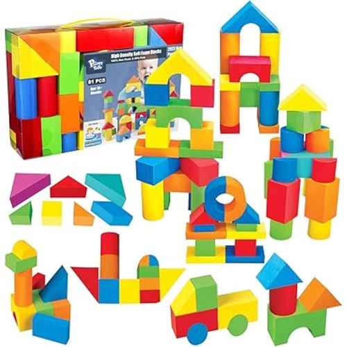 Foam Building Blocks for Toddlers 1-3, 81 Pieces Soft Stacking Blocks Toy Set, Baby Bath Foam Toys, Sensory and Montosorri Toys for Boys & Girls 18+ Months