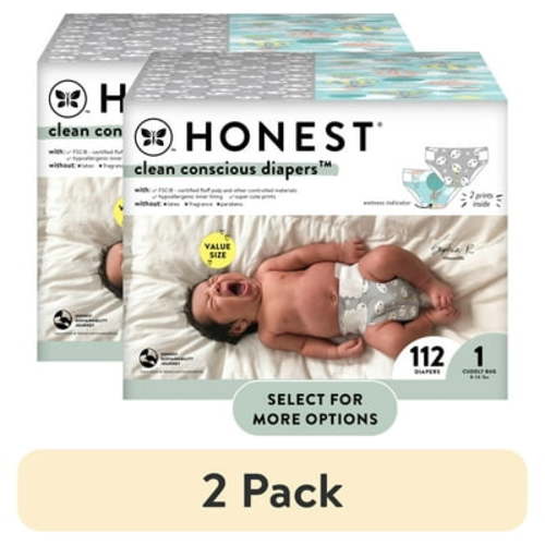 (2 pack) The Honest Company, Clean Conscious Disposable Baby Diapers, Size 1, 112 Count (Select for More Options)
