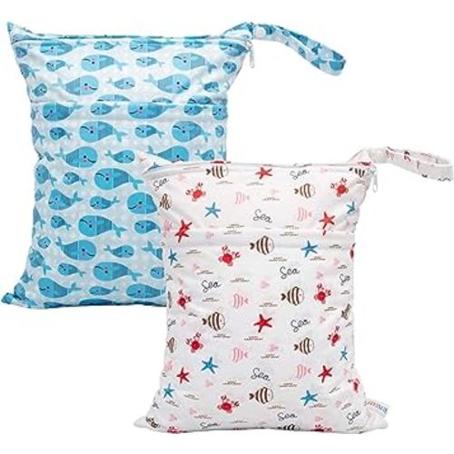 ALVABABY 2pcs Cloth Diaper Wet Dry Bags Waterproof Reusable with Two Zippered Pockets Travel Beach Pool Daycare Soiled Baby Items Yoga Gym Bag for Swimsuits or Wet Clothes LX-YK6163