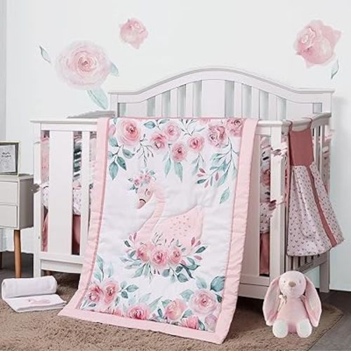 5 PCS Pink Swan & Flower Design Breathable Baby Crib Bedding Set for Boys - Newborn, Infant & Toddler Nursery Decor Including Fitted Crib Sheet, Crib Skirt,Blanket,Quilt,Nappy Bag