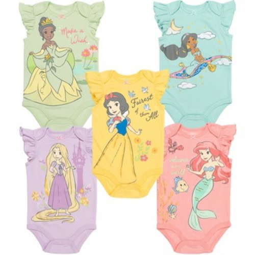 Disney Princess Ariel Belle Cinderella Rapunzel Tiana Snow White Aurora Baby Girls 5 Pack Bodysuits Newborn to Infant, Color: Tiana, jasmine, snow white, rapunzel, ariel, Size: 0-3 months