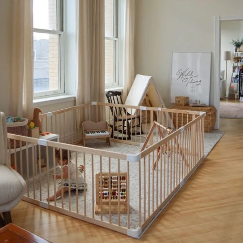 HARPPA Wooden Baby Gate Playpen | Non-Toxic Foldable DIY Adjustable Play Yard for Infants & Toddlers – Natural Finish Baby Fence for Small & Large Spaces