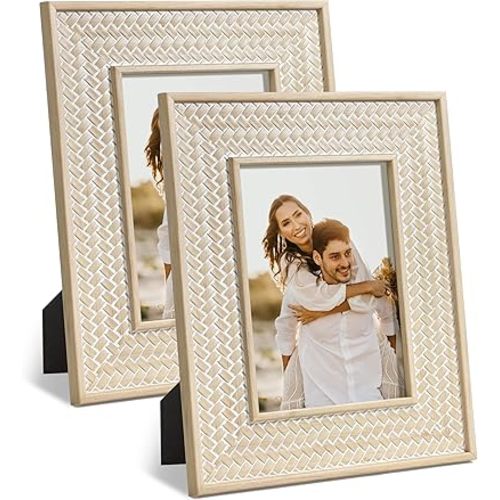 Afuly 5x7 Picture Frame Boho Picture Frames Nature Beige Bohemia Photo Frame for Office Bedroom Home Desk Wall Decor, Anniversary Wedding Gifts for Mom Grandma, Set of 2