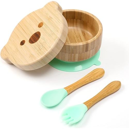 Baby Bowls with Lid,HBM Bamboo Suction Bowls for Baby and Spoon Set,3PC Feeding Supplies Set for Infant, Toddlers,Detachable Silicone Suction Stay Put Base for Wooden Bowl (Mint)