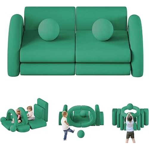 wanan Modular Kids Play Couch, 12PCS Kids Couch with Balls and Tunnel, Kids Couch for Playroom and Bedroom, Kids Modular Couch for Playing, Creativing, Modular Couch Kids (Green)