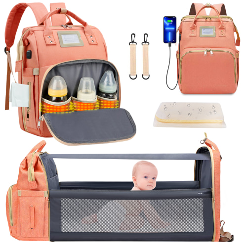Diaper Bag Backpack, Multifunctional Baby Diaper Bag with Changing Station, Large Capacity Travel Backpack with Insulated Milk Bottle Pocket&Foldable Crib, USB Charging Port(Pink)