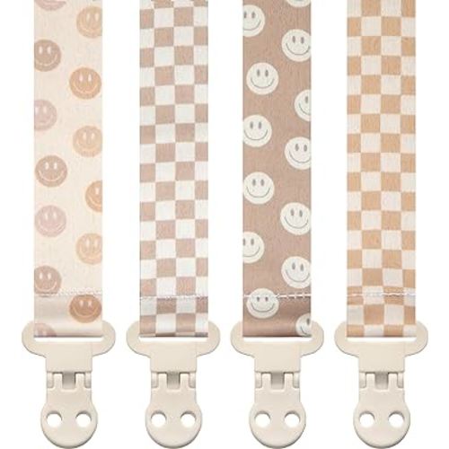 Stadela Baby Pacifier Clip Holder - Girl or Boy Unisex 4 Pack Gift Set - Retro Checker and Smiley Faces Design (Good Vibes)
