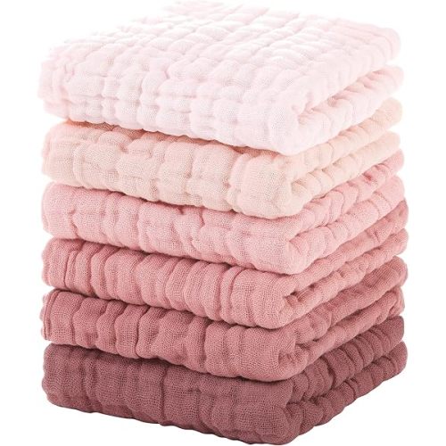 Muslin Baby Washcloths 6 Pack, 100% Cotton Wash Cloths for Babies, Large 12''X12'' Burp Cloths Absorbent and Soft for Newborn Infants Kids Boys Girls - Gradient Pink