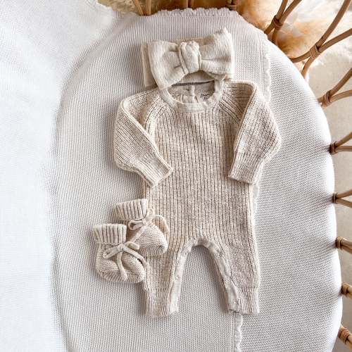 Frankie Classic Knit Romper & Topknot Bundle - Honey
