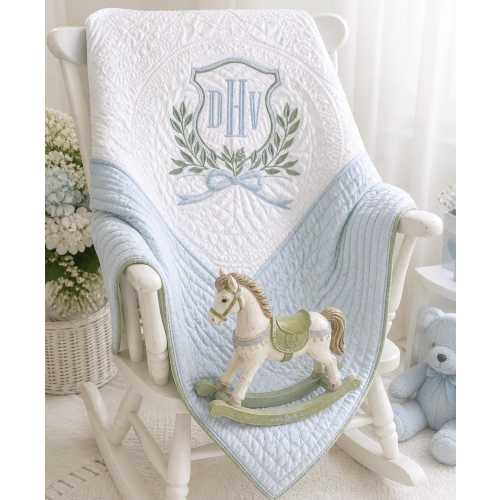 Personalized Baby Quilt: Embroidered Vintage Elegant Crest Monogram, Heirloom Blanket, Baby Shower, Sprinkle Gift