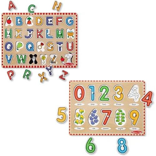 Melissa & Doug Wooden Lift & See Peg Puzzle Early Learning 2-Pack for Girls and Boys – Alphabet, Numbers