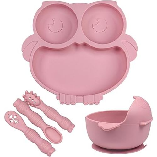 Owl Shape Silicone Baby Feeding Set, Toddler Suction Plates and Bowls Set with Spoons, Kids Silicone Dinnerware Set Eating Utensils, Pink