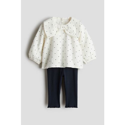 2-piece Blouse and Leggings Set, Regular waist, Round Neck, Navy blue/dotted