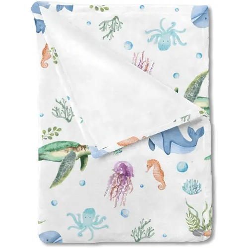 Sea Animals Flannel Baby Toddler Blanket Gift for Girls and Boys Marine Turtle Whale Jellyfish Sea Horse Weeds Sealife Receiving Blanket Newborn Nursery Bed Blanket Swaddle Crib Blanket 30x40