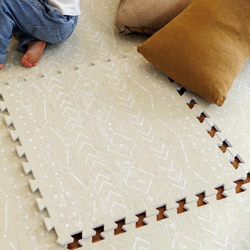 Lillefolk Baby Play Mat for Floor – 6x6ft Beige | Soft Non Toxic Premium EVA Foam Tiles for Tummy Time, Crawling & Playroom – Waterproof for Hard Floors Mat for Babies & Toddlers (9 Tiles)