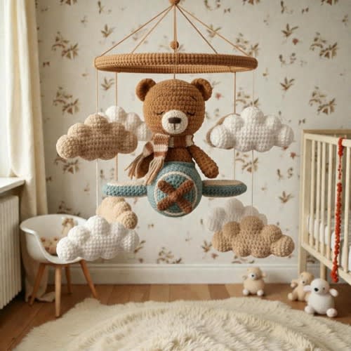 Crochet Bear Airplane Nursery Mobile, Neutral Cloud Hanging Decor
