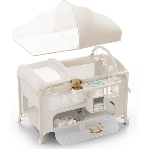 4 in 1 Baby Bassinet, Pack and Play, Bedside Crib Sleeper, Diaper Changer - Comes with Mattress, Mosquito Net,Bottom Storage and Toy Bar for Newborn to Toddles