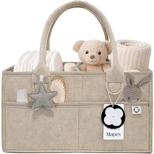 Mapes Diaper Caddy Organizer – Portable Baby Storage Basket for Diapers, Wipes & Essentials – Soft Felt Nursery Organizer with Removable Divider – Ideal for Changing Table & Car Travel