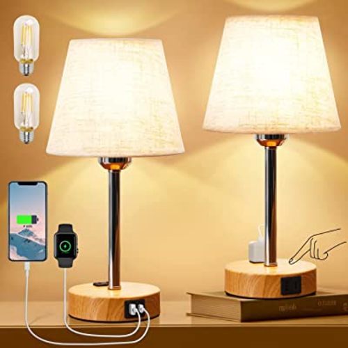 Minimalist Touch Table Lamps Set of 2-Bulbs Included, Practical Bedside Lamps With USB A+C Ports & 2-Prong AC Outlet, 3-Way Dimmable Nightstand Lamps With Linen Fabric Shade For Home Office Dorm Hotel