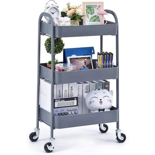 TOOLF 3 Tier Rolling Cart, Metal Utility Cart No Screw, Easy Assemble Utility Serving Cart, Sturdy Storage Trolley with Handles & Lockable Wheels for Kitchen Garage Home Bedroom Bathroom, Grey