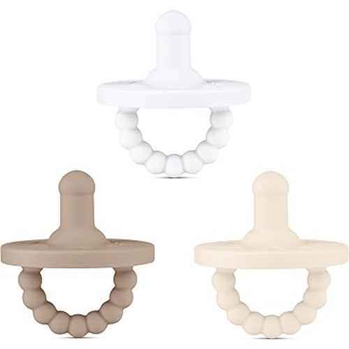 Ryan & Rose Cutie PAT All-in-One Pacifier and Teether Massaging Teething Ring and Hideaway Binky for Growing Babies (Canvas (3 Pack), Stage 1)