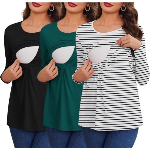 Ekouaer Women 3 Packs Nursing Shirts Long Sleeve Maternity Tops Double Layer Breastfeeding Tees Round Neck Pregnancy Blouse