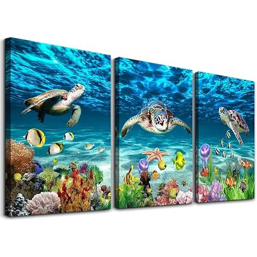 AHUASJART Canvas Wall Art for Living Room family Wall decor for Bedroom Bathroom Wall Decoration blue Ocean Sea Turtle Paintings Modern shark Pictures Artwork office Ready to Hang 12" x 16" 3 Piece