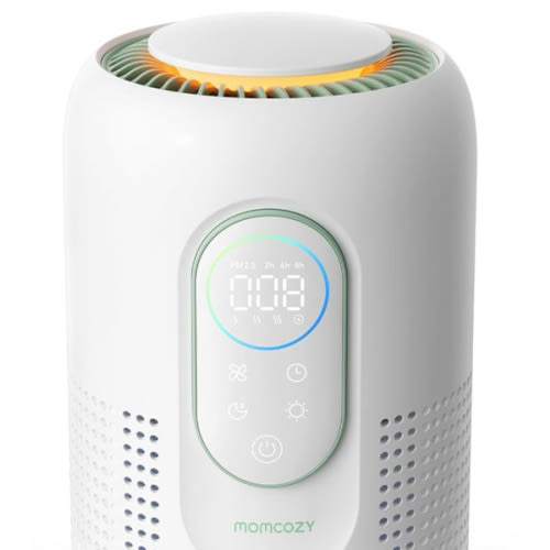 Momcozy Nursery Air Purifier, 4-Filter System with H13 HEPA & Carbon, Real-Time PM2.5 Air Quality Monitor & Display with 3-Color Status, Baby Air Purifier with 21 dB Sleep Mode, Dimmable Night Light