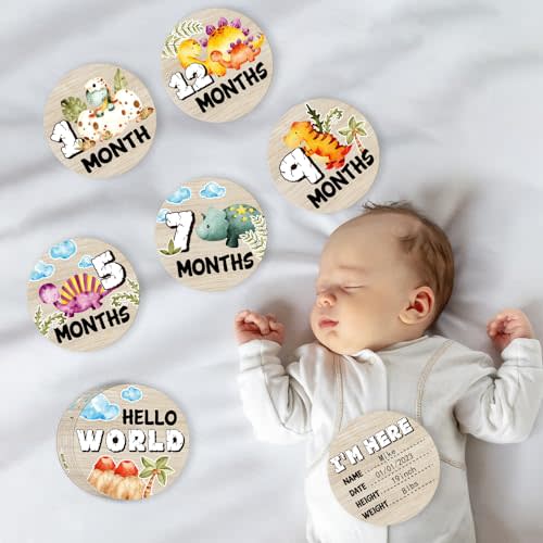 Dinosaur Baby Monthly Milestone Circles, Baby Months Wooden Disc Stuff for Baby Photo Takens with Hello World Name Signs - 7Pcs Double Sides Round Circles Signs for Documenting Growth