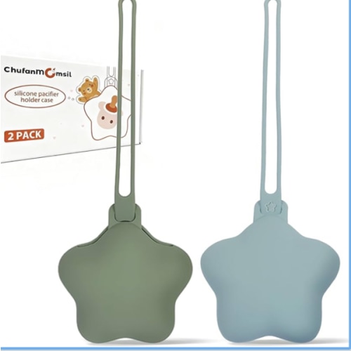 Silicone Pacifier Holder Case, ChufanMomsil Pacifier Pouch Storage Case for Diaper Bags, Cute Silicone Pacifier Holders for Newborn Baby Boy Girl, 2 Pack Stars, Green + Blue